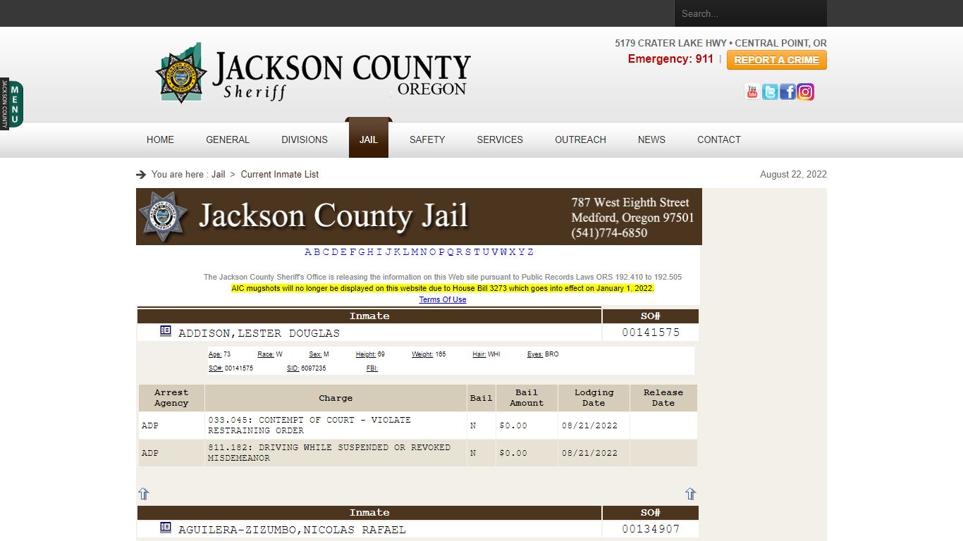 Current Inmates - Jackson County, Oregon